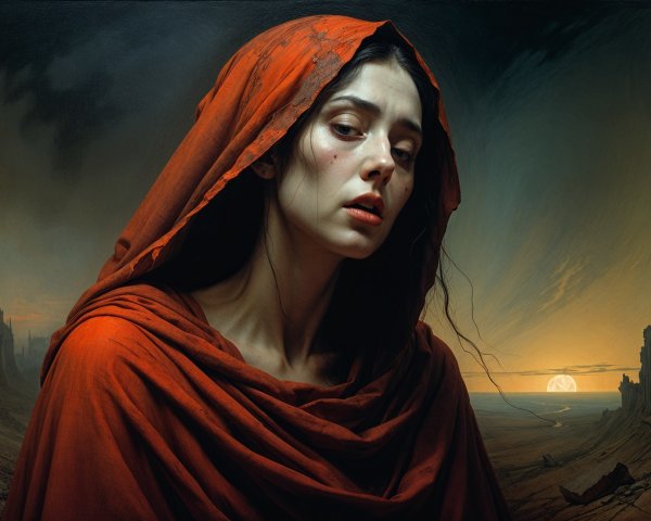 Young Woman in Red Hood Against Dramatic Landscape