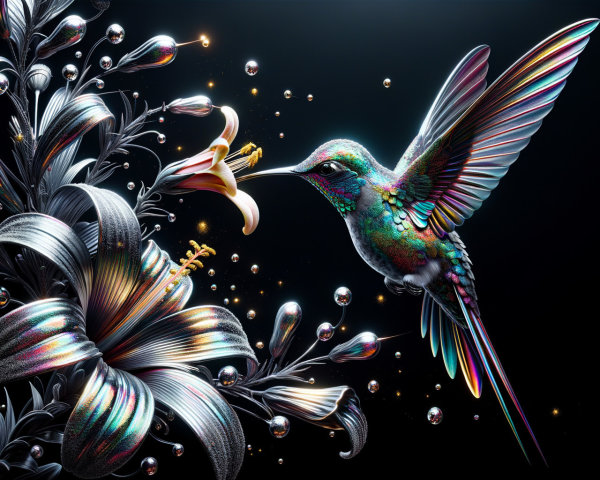 Metallic Hummingbird Beside Lustrous Flower Design