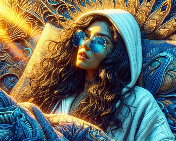 Woman in Hoodie Against Colorful Textured Backdrop