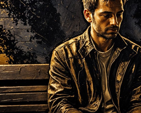 Young man in denim jacket on wooden bench in shadows