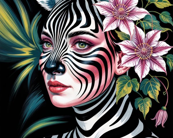 Portrait of a woman with zebra stripes and floral accents