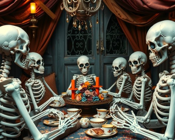 Whimsical Dining Scene with Skeletons and Elegant Decor