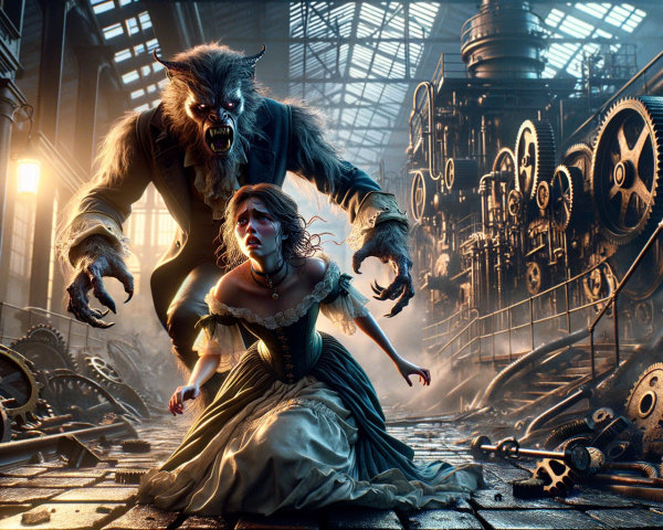 Distressed Woman Crouched Before Menacing Werewolf