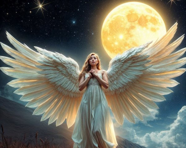 Angelic Figure Beneath a Luminous Full Moon
