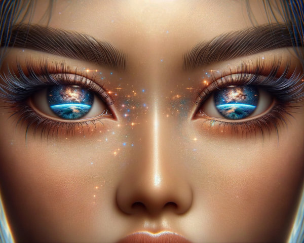Close-Up of Woman's Face with Cosmic Eye Reflections