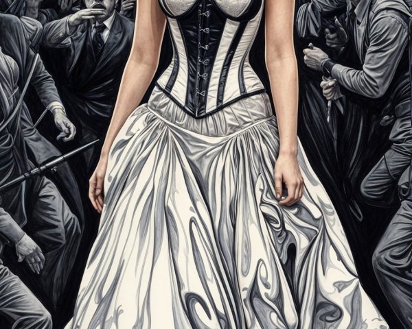 Elegant figure in white dress amid chaotic crowd