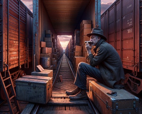 Lone Figure Playing Harmonica at Sunset by Trains