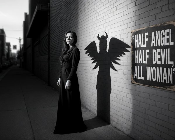 Woman in Black Dress with Winged Shadow in Alley