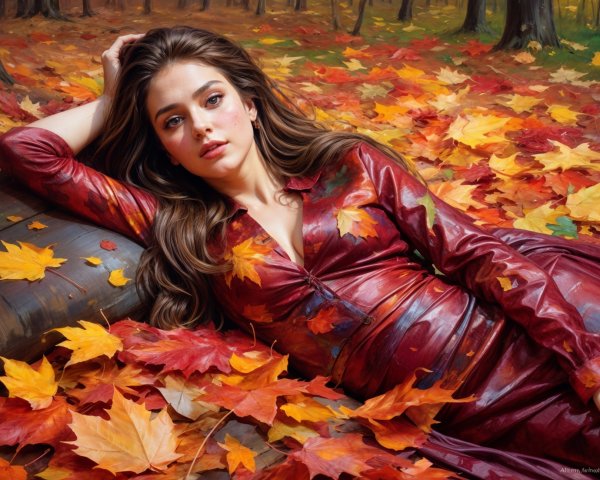 Young Woman in Red Dress Amidst Autumn Leaves