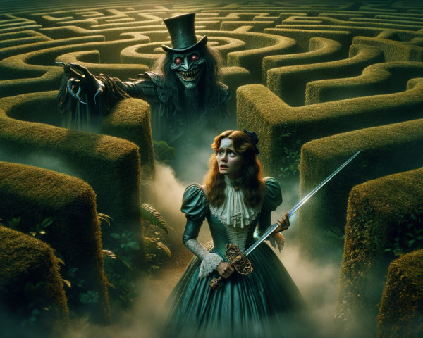 Victorian Woman with Sword in Foggy Maze Setting