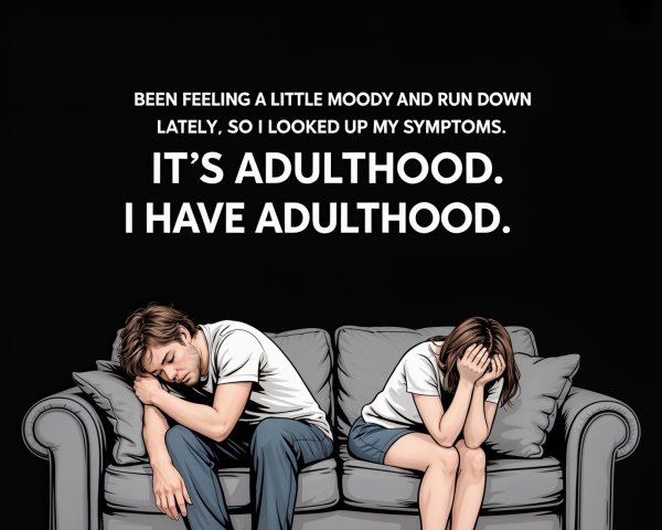 Cartoon Illustration of Exhausted Young Adults on Couch