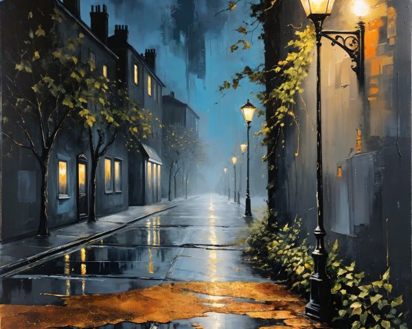 Misty Street Scene with Vintage Lamps and Greenery