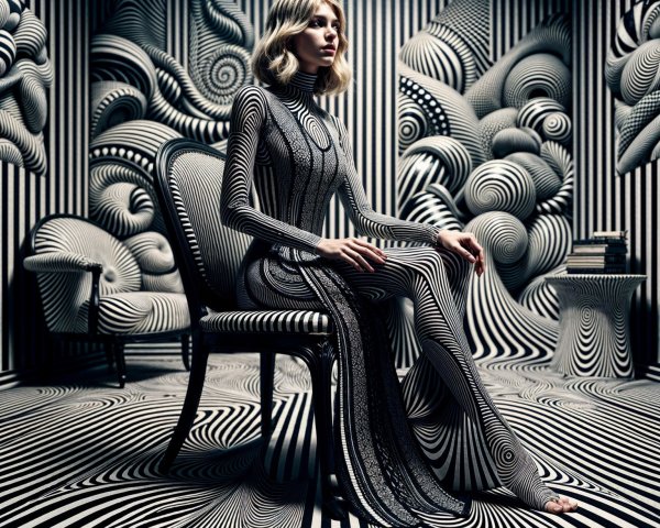 Elegant Woman in Black and White Gown in Surreal Setting