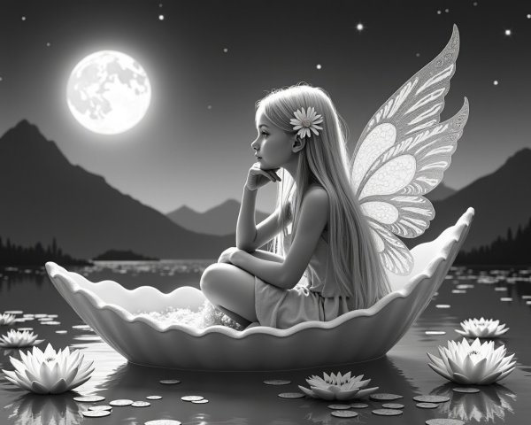 Young girl with butterfly wings in a seashell boat