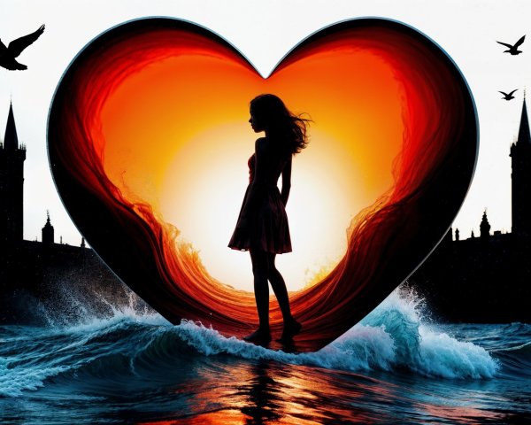 Silhouette of a Woman on Waves with Sunset Background