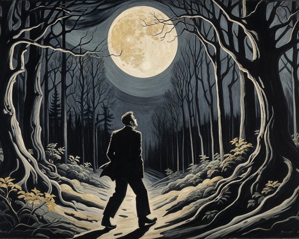 Solitary Figure in Suit on Moonlit Forest Path