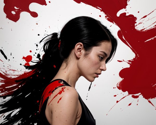 Profile of Woman with Black Hair and Red Paint Splatters
