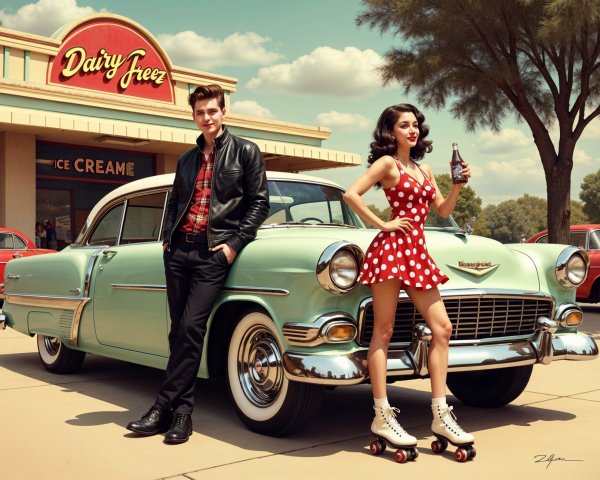 1950s Diner Scene with Vintage Cars and Fashion