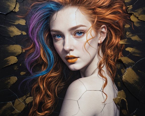 Portrait of a woman with red hair and bold makeup