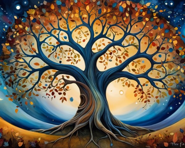 Whimsical Tree with Golden Leaves in Twilight Sky