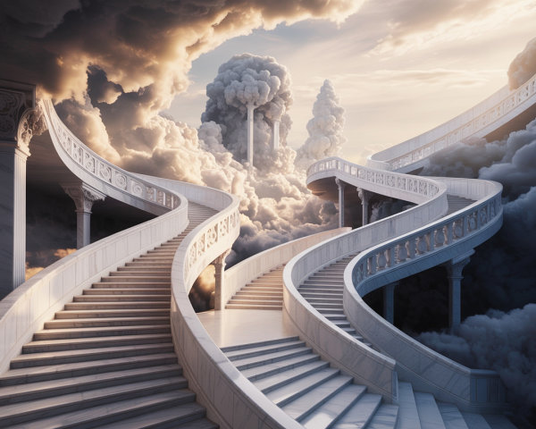 Majestic White Marble Staircases Against Dramatic Clouds