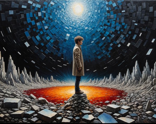 Young boy on rocky outcrop under vibrant vortex sky