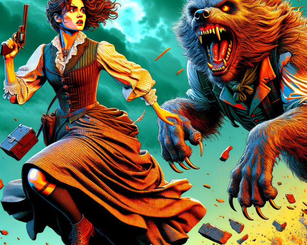 Vintage Attire Woman Confronts Snarling Werewolf