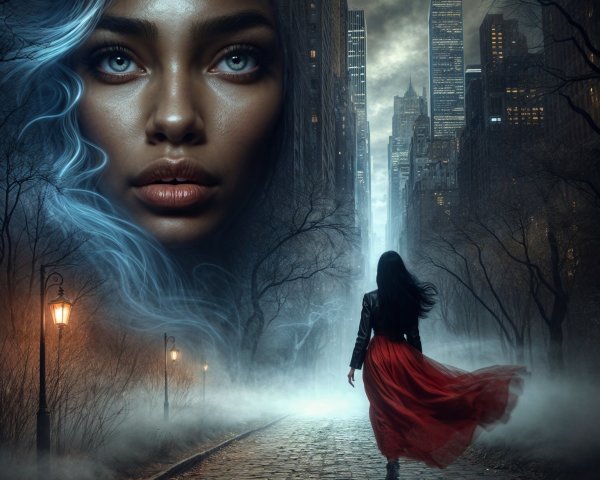 Misty Urban Landscape with Woman in Red Dress