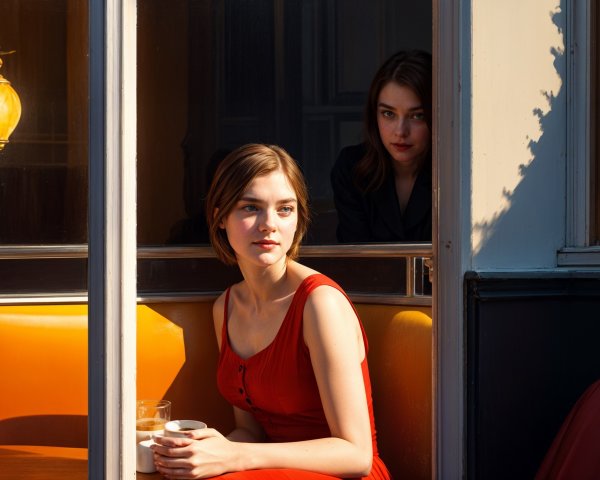 Young Women in Cozy Café with Warm Lighting