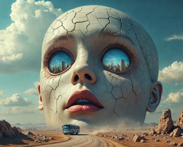 Surreal Landscape with Doll Head and Cityscape Eyes