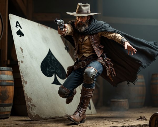 Cowboy Drawing Revolver in Dimly Lit Barn Setting