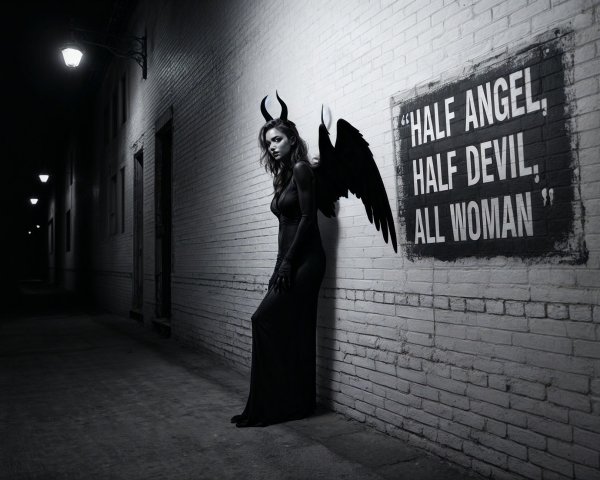 Striking Woman with Horns and Wings in Alley Setting