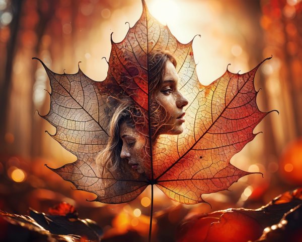 Surreal Faces in Autumn Leaf with Dreamy Forest Setting