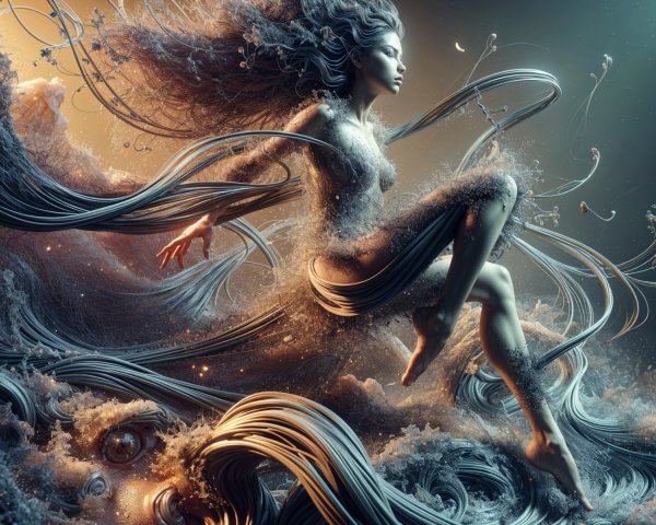 Surreal Figure Emerging from Flowing Waves and Water