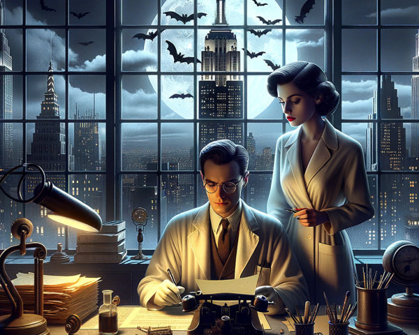Lab Coat Scientists in Dim Room with Moonlit Skyline