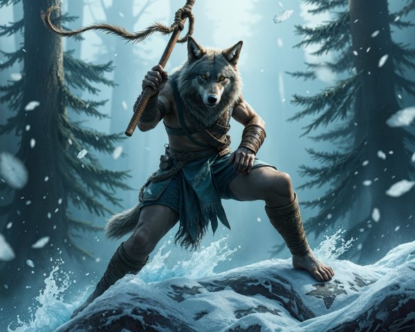 Warrior with Wolf Mask on Rocky Surface in Misty Forest