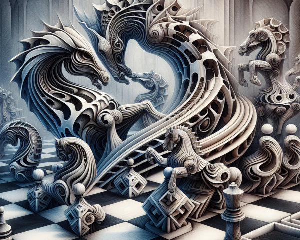 Surreal Chess Scene with Abstract Dragons and Horses