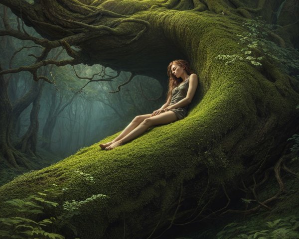 Serene Young Woman in Enchanted Forest Setting