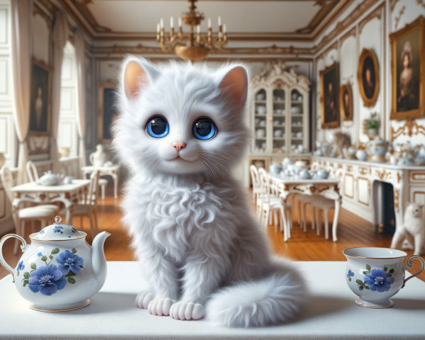Fluffy White Kitten in Elegant Room Setting