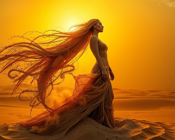 Silhouette of Woman Against Orange Sunset in Desert