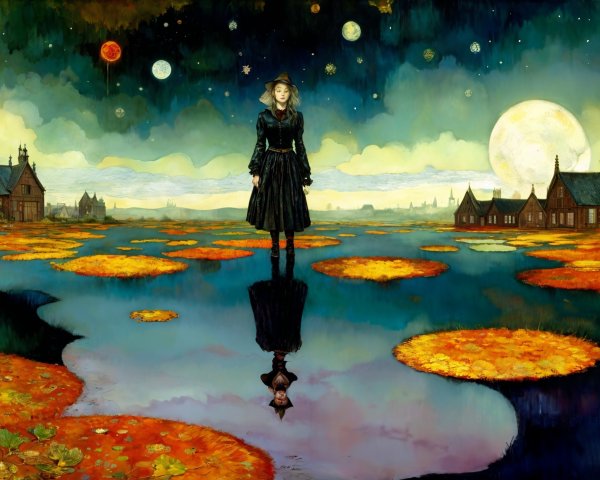 Mysterious Figure on Calm Waters with Celestial Background