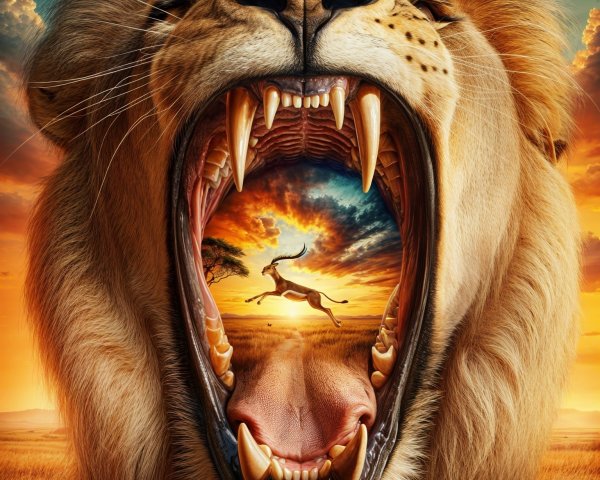 Lion Roaring with Antelope Silhouette at Sunset