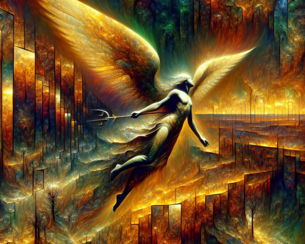 Ethereal Figure with Wings in Surreal Landscape