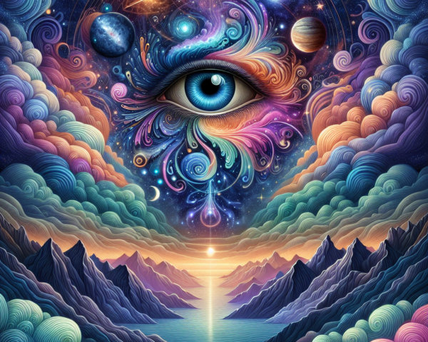 Surreal Landscape with Colorful Eye and Cosmic Elements