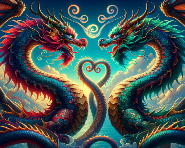 Dragons Forming Heart Shape in Colorful Sky Scene