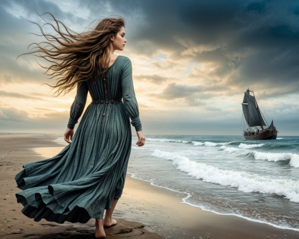 Young woman in green dress on sandy beach at sunset