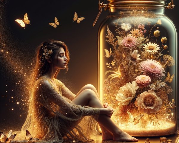 Young woman beside glass jar with flowers and butterflies