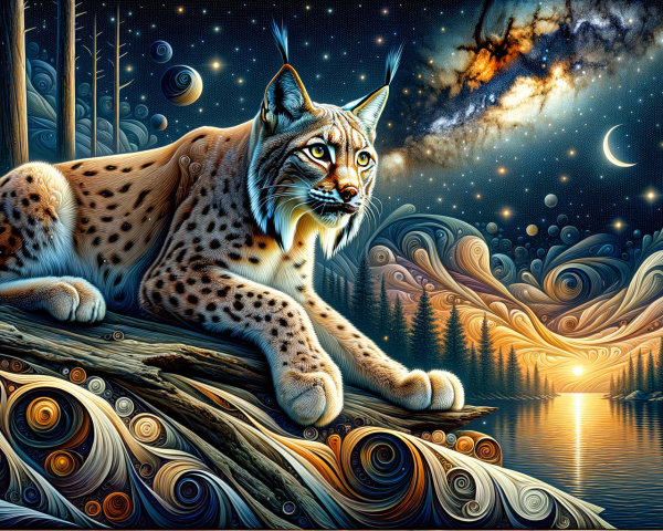 Lynx on Log Under Cosmic Night Sky and Sunset Reflection