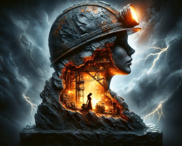 Silhouette of a miner's helmet with vibrant scene inside