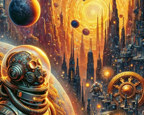 Futuristic cityscape with cosmic elements and astronaut